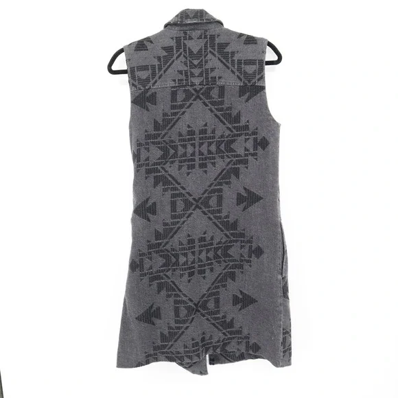Free People Longline Denim Vest Womens XS Gray Aztec Belted Boho Southwestern - Picture 6 of 16